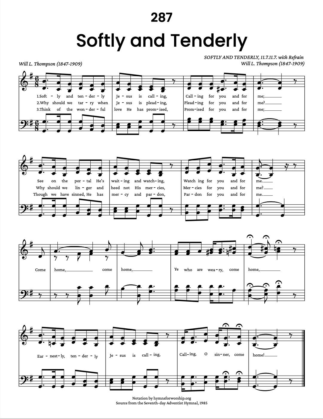 SDAH 287: Softly and Tenderly – Hymns for Worship
